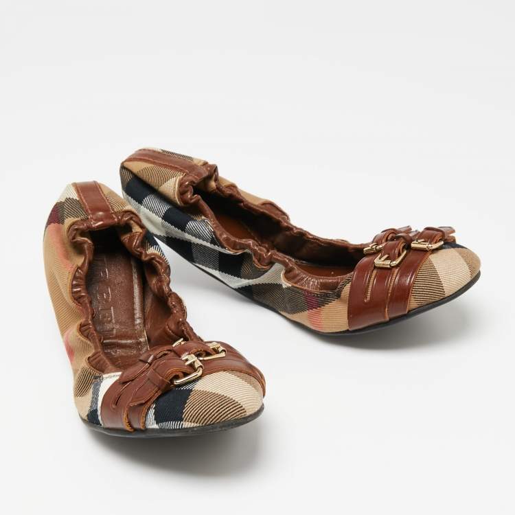 Pre Owned Burberry Brown/Beige House Check Canvas and Leather Falcony Scrunch Ballet Flats Size 38 