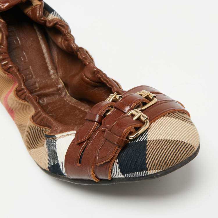 Pre Owned Burberry Brown/Beige House Check Canvas and Leather Falcony Scrunch Ballet Flats Size 38 