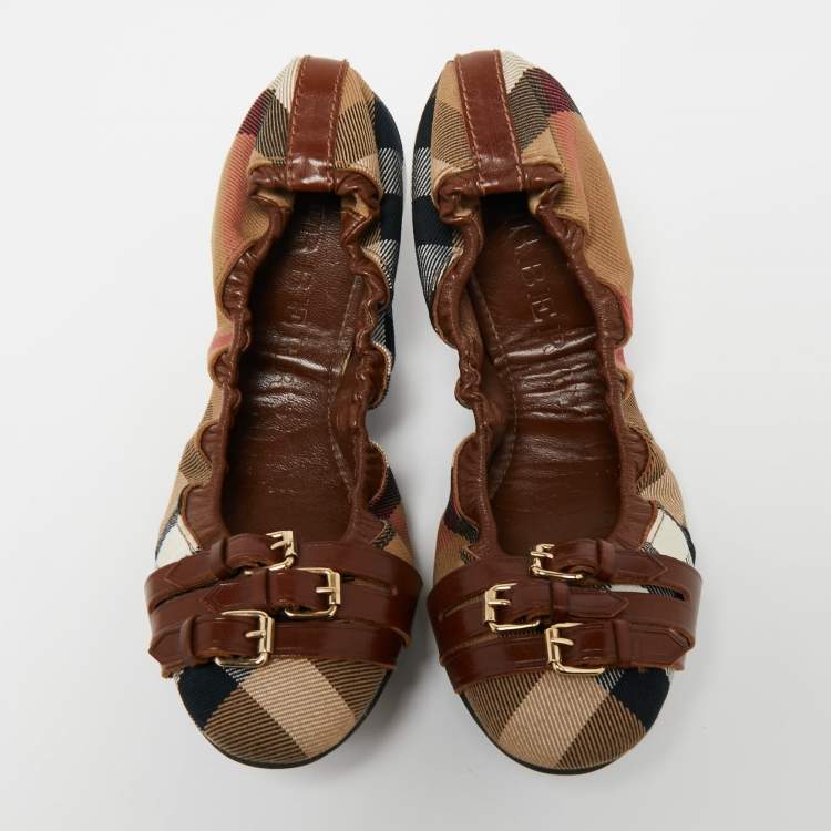 Pre Owned Burberry Brown/Beige House Check Canvas and Leather Falcony Scrunch Ballet Flats Size 38 