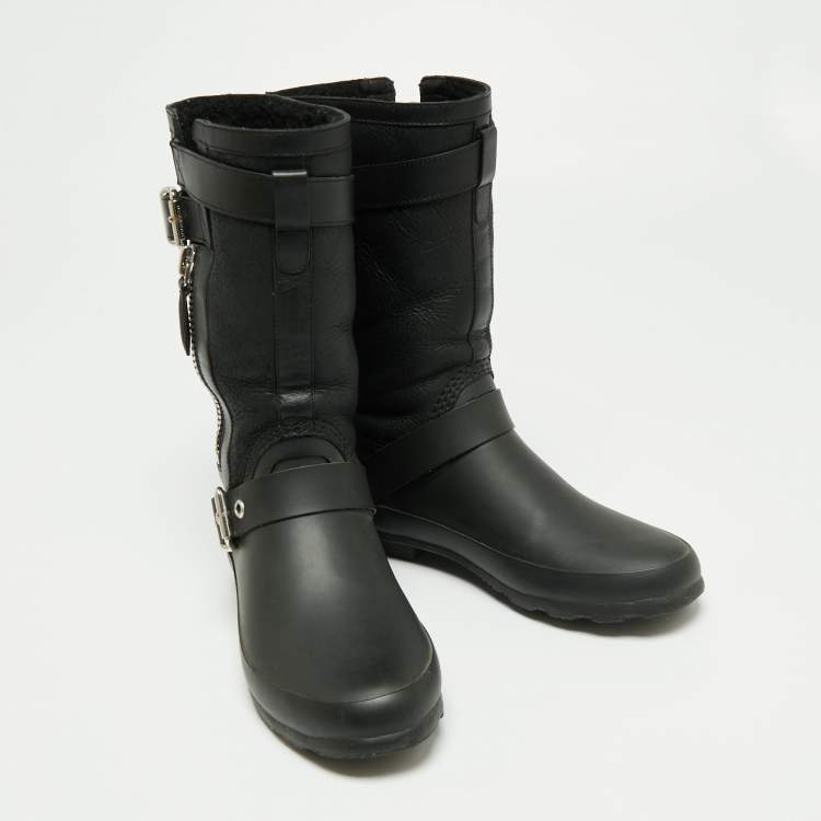 Pre Owned Burberry Black Claredon Rubber and Shearling Midcalf Boots Size 36 