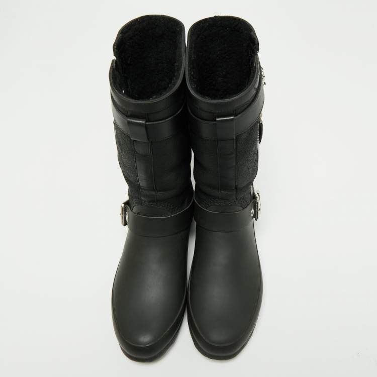Pre Owned Burberry Black Claredon Rubber and Shearling Midcalf Boots Size 36 