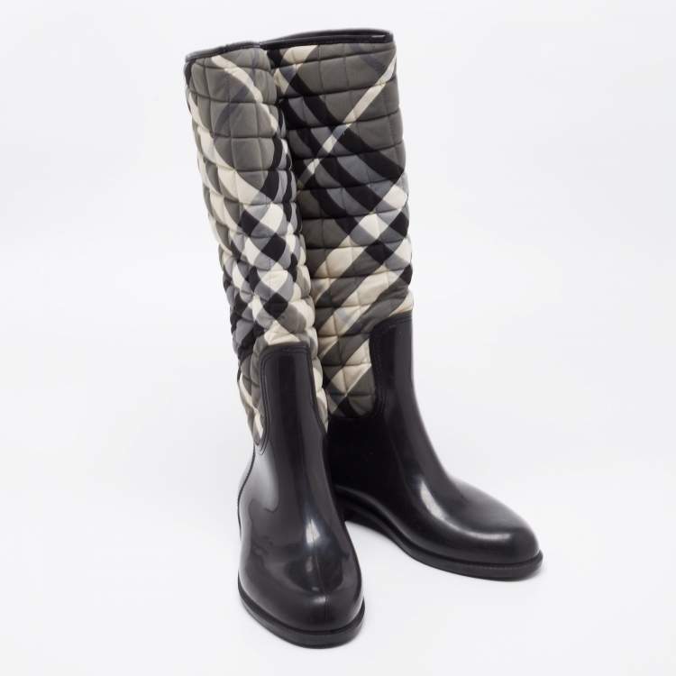 Pre Owned Burberry Black Rubber And Check Quilted Canvas Rain Boots Size 39