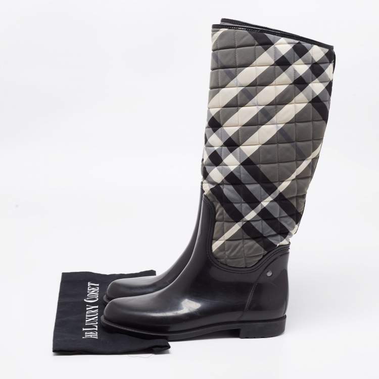 Pre Owned Burberry Black Rubber And Check Quilted Canvas Rain Boots Size 39