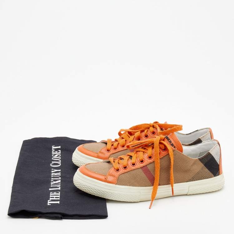 Pre Owned Burberry Beige/Orange House Check Canvas and Leather Low Top Sneakers Size 37