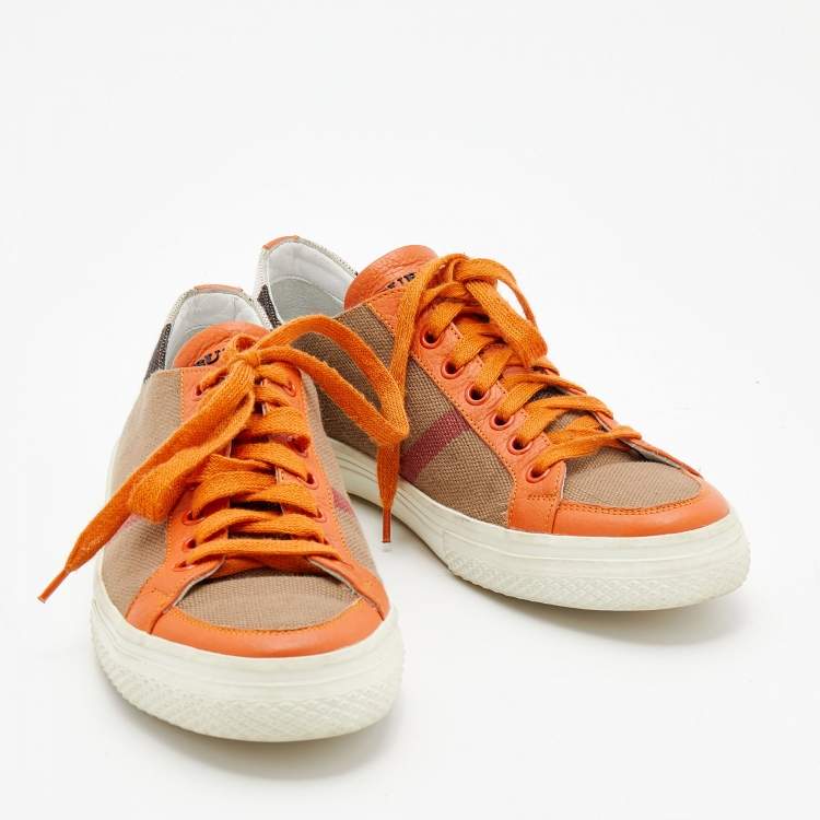 Pre Owned Burberry Beige/Orange House Check Canvas and Leather Low Top Sneakers Size 37