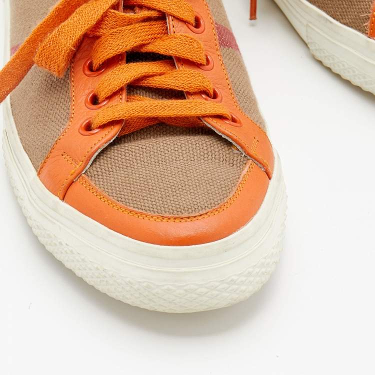 Pre Owned Burberry Beige/Orange House Check Canvas and Leather Low Top Sneakers Size 37