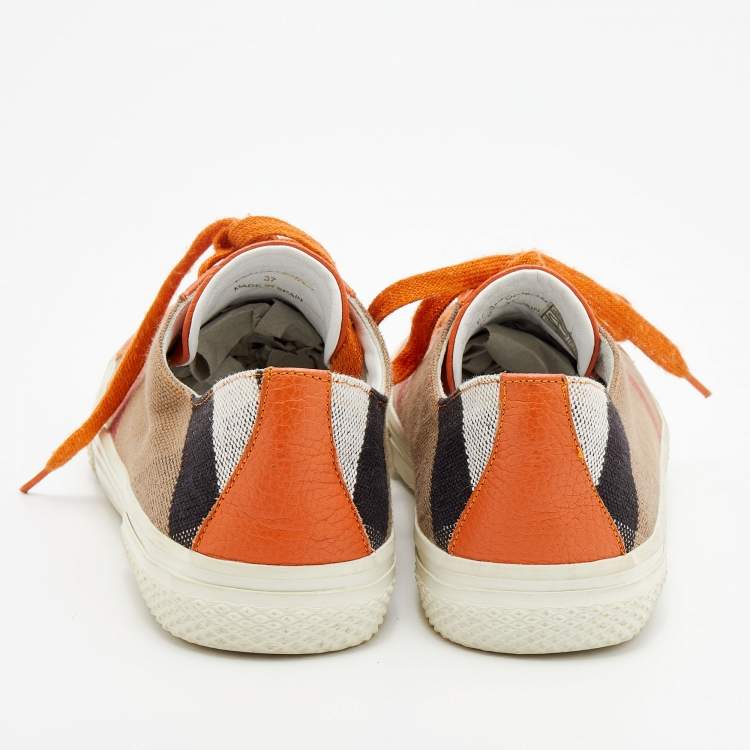 Pre Owned Burberry Beige/Orange House Check Canvas and Leather Low Top Sneakers Size 37