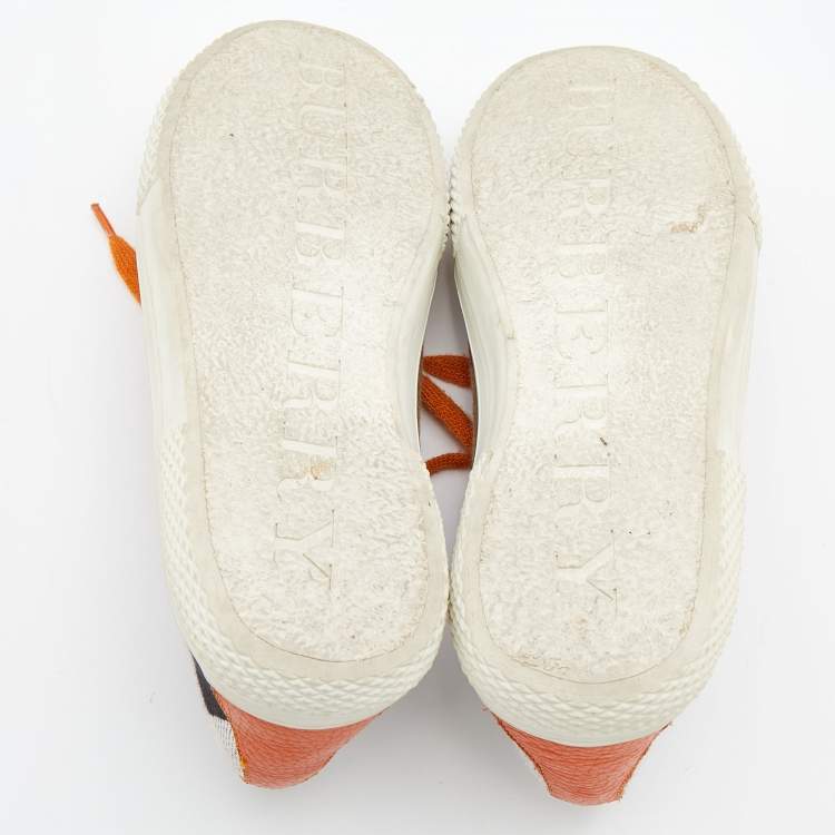 Pre Owned Burberry Beige/Orange House Check Canvas and Leather Low Top Sneakers Size 37