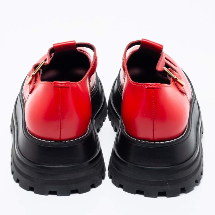 Pre Owned Burberry Red/Black Leather Aldwych T-bar Platform Flats Size 39