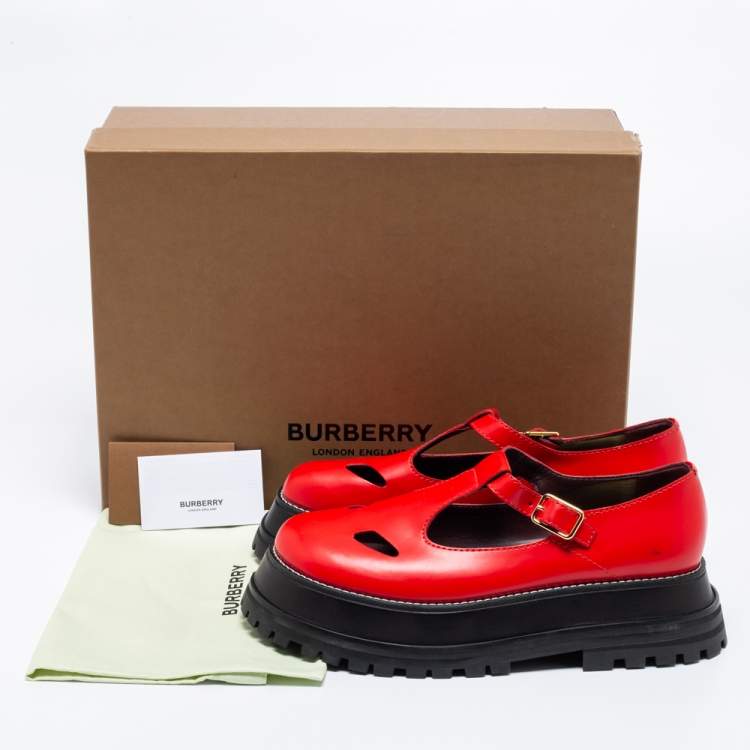 Pre Owned Burberry Red/Black Leather Aldwych T-bar Platform Flats Size 39