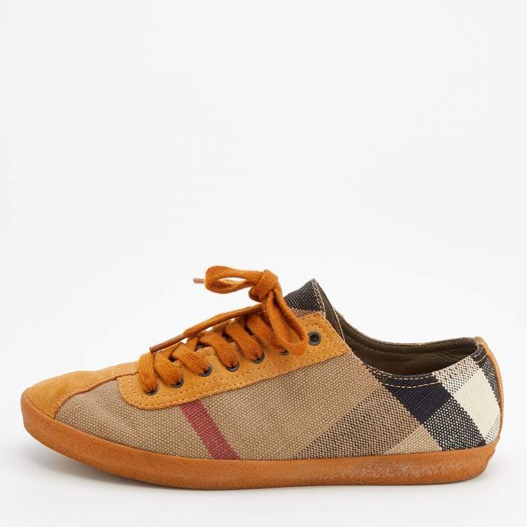 Pre Owned Burberry Beige Suede And Canvas Low Top Sneakers Size 37