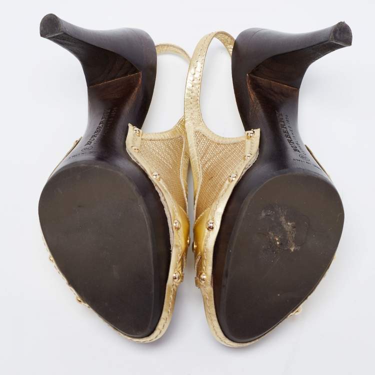 Pre Owned Burberry Gold Leather Peep-Toe Slingback Sandals Size 38