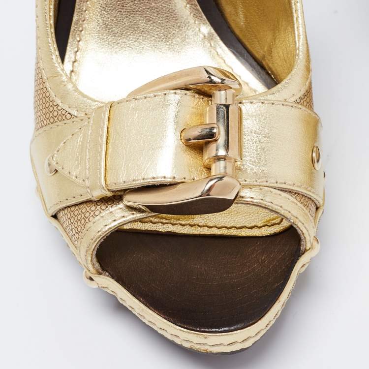Pre Owned Burberry Gold Leather Peep-Toe Slingback Sandals Size 38
