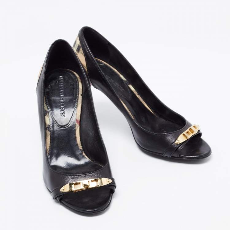 Pre Owned Burberry Black Leather And Nova Check Canvas Bayning Open Toe Pumps Size 37