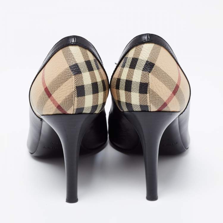 Pre Owned Burberry Black Leather And Nova Check Canvas Bayning Open Toe Pumps Size 37