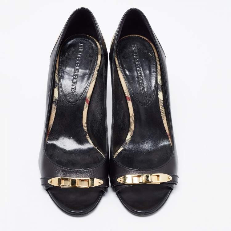 Pre Owned Burberry Black Leather And Nova Check Canvas Bayning Open Toe Pumps Size 37
