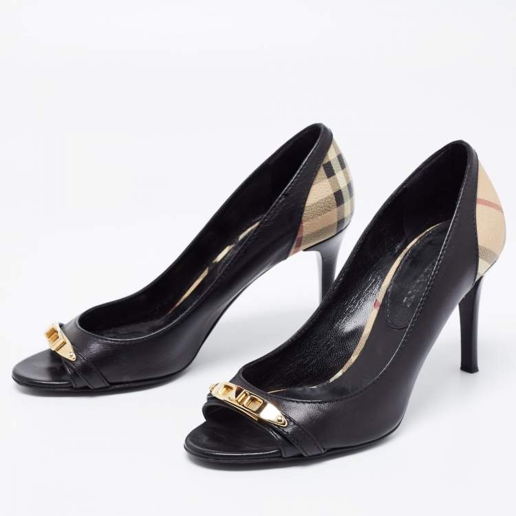 Pre Owned Burberry Black Leather And Nova Check Canvas Bayning Open Toe Pumps Size 37