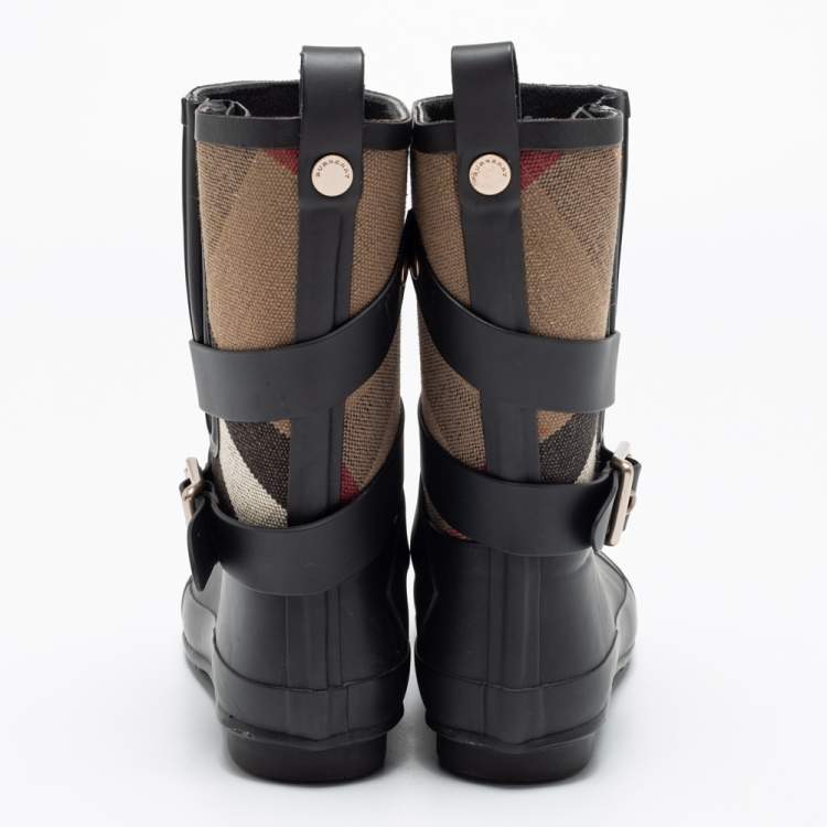 Pre Owned Burberry Black Nova Check Detail Belted Rain Boots Size 37
