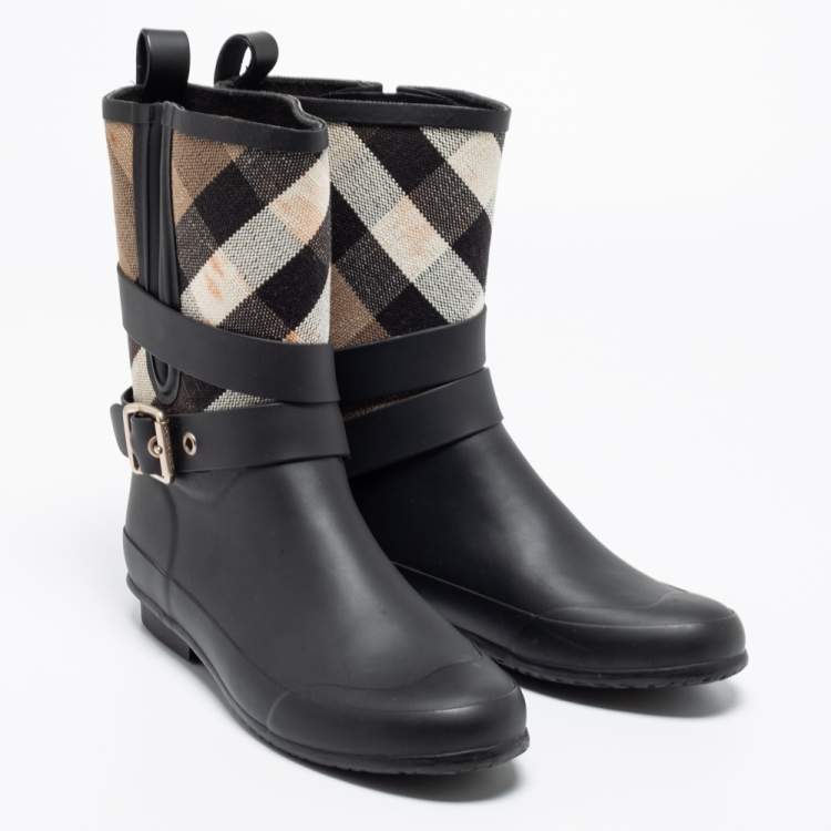 Pre Owned Burberry Black Nova Check Detail Belted Rain Boots Size 37