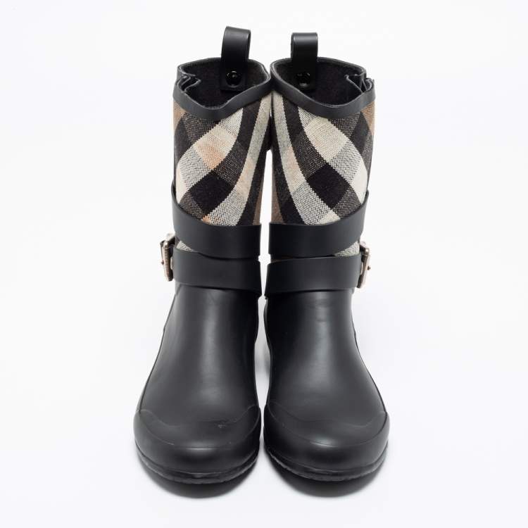 Pre Owned Burberry Black Nova Check Detail Belted Rain Boots Size 37