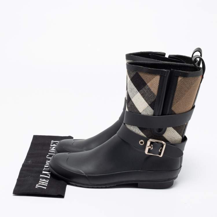 Pre Owned Burberry Black Nova Check Detail Belted Rain Boots Size 37