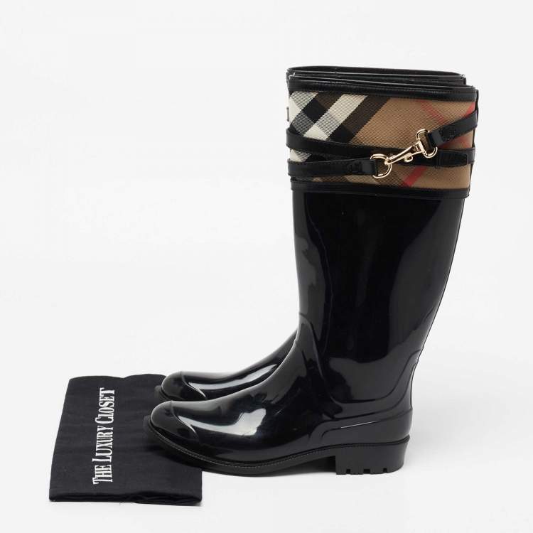 Pre Owned Burberry Black Rubber And Nova Check Canvas Rain Boots Size 37