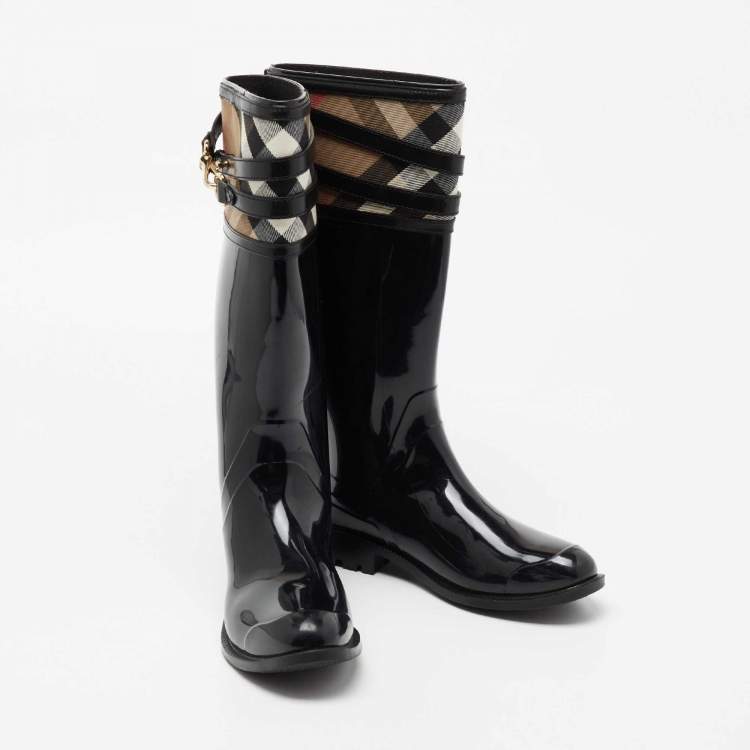 Pre Owned Burberry Black Rubber And Nova Check Canvas Rain Boots Size 37