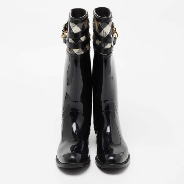 Pre Owned Burberry Black Rubber And Nova Check Canvas Rain Boots Size 37