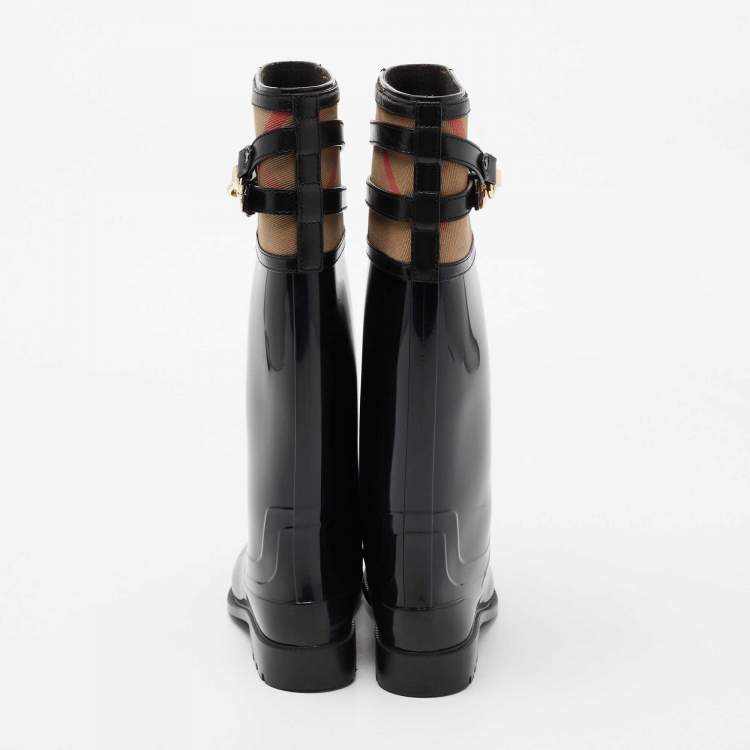 Pre Owned Burberry Black Rubber And Nova Check Canvas Rain Boots Size 37