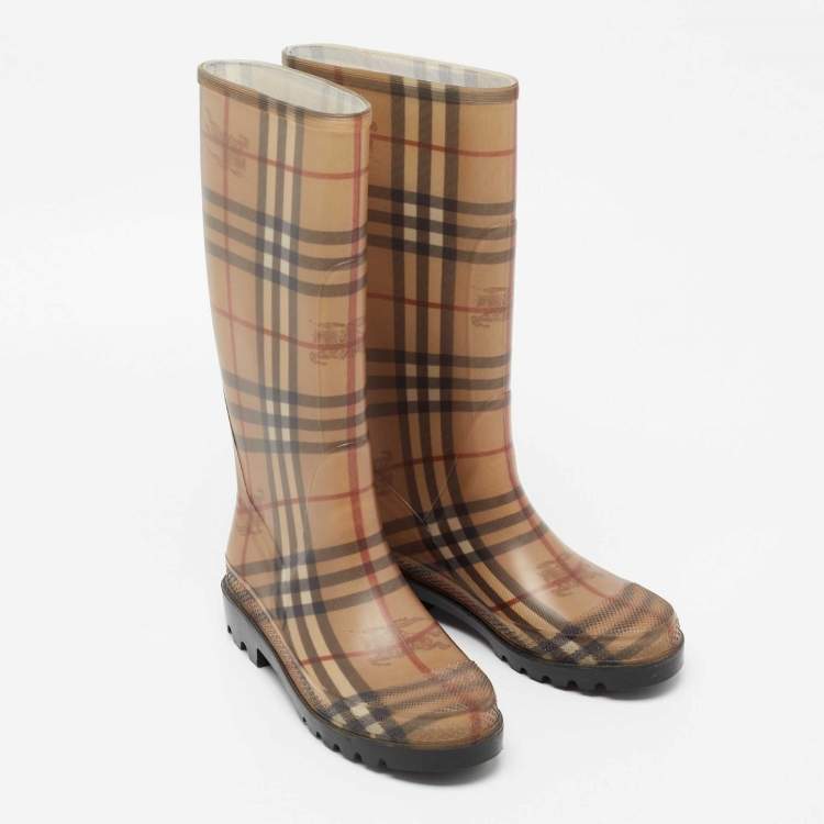 Pre Owned Burberry Beige Haymarket Check PVC Rain Boots Size 38