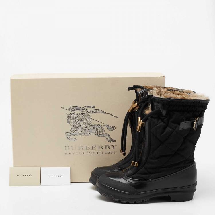 Pre Owned Burberry Black Leather and Nylon Fur Lined Mid Calf Boots Size 38