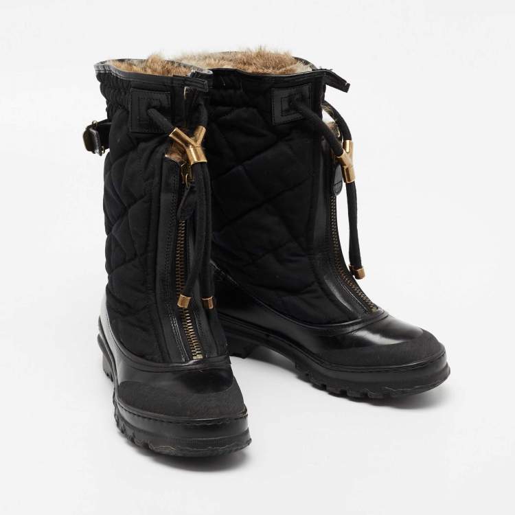 Pre Owned Burberry Black Leather and Nylon Fur Lined Mid Calf Boots Size 38