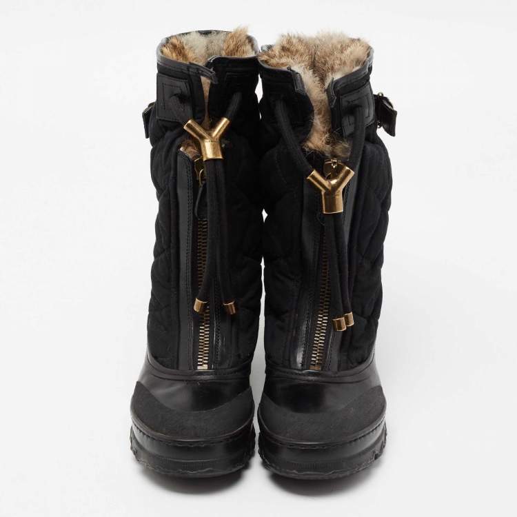 Pre Owned Burberry Black Leather and Nylon Fur Lined Mid Calf Boots Size 38