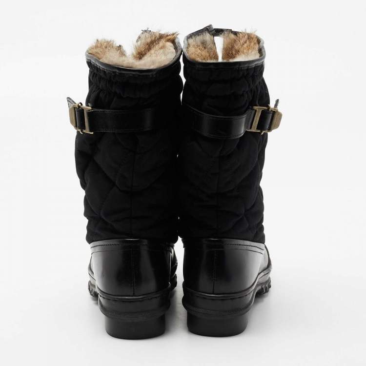 Pre Owned Burberry Black Leather and Nylon Fur Lined Mid Calf Boots Size 38