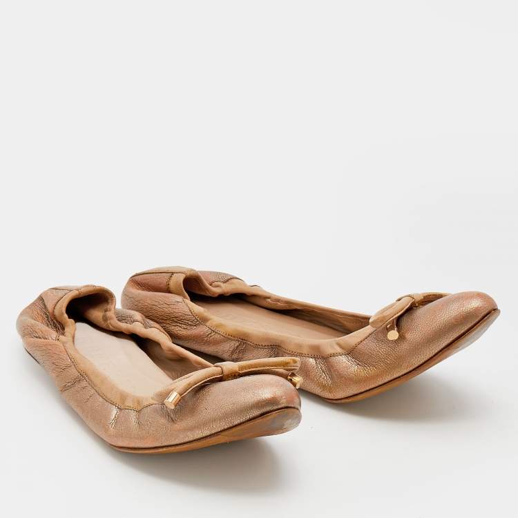 Pre Owned Burberry Metallic Gold Leather Bow Scrunch Ballet Flats Size 39