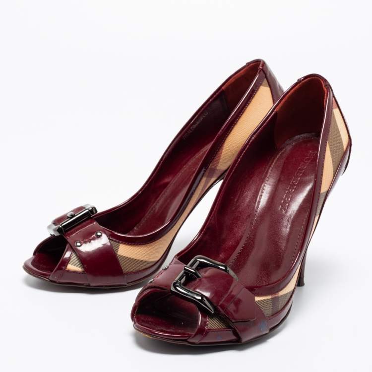 Pre Owned Burberry Burgundy/Beige Nova Check Coated Canvas And Patent Leather Buckle Peep Toe Pumps Size 40