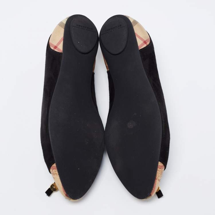 Pre Owned Burberry Black Suede Nova Check Canvas Cap Toe Bow Ballet Flats Size 37