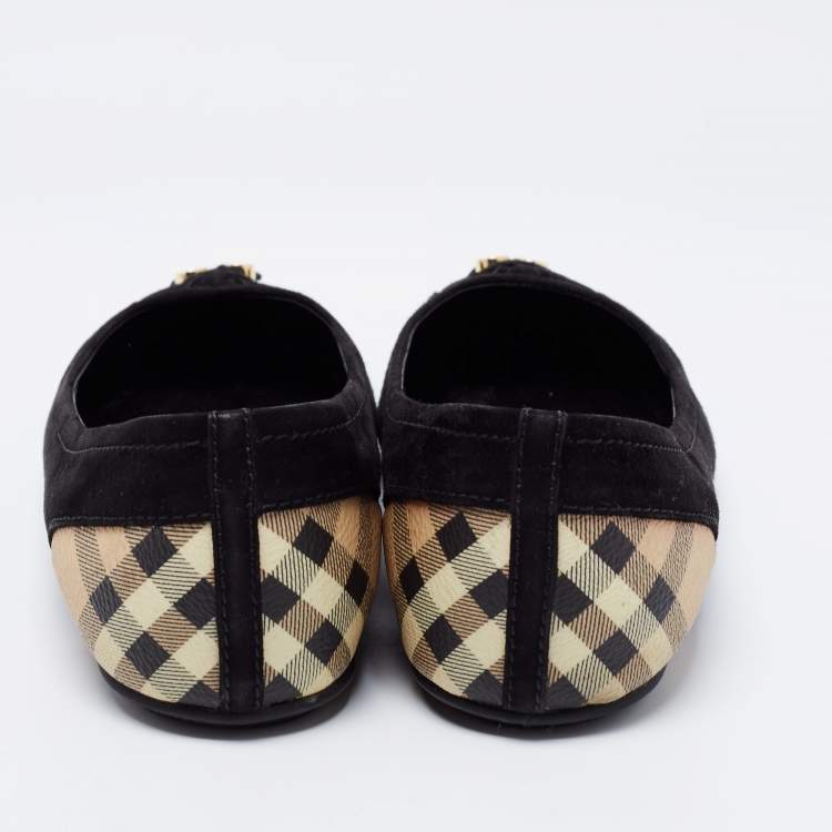 Pre Owned Burberry Black Suede Nova Check Canvas Cap Toe Bow Ballet Flats Size 37