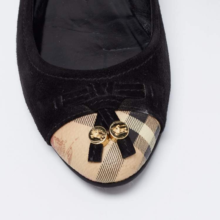 Pre Owned Burberry Black Suede Nova Check Canvas Cap Toe Bow Ballet Flats Size 37