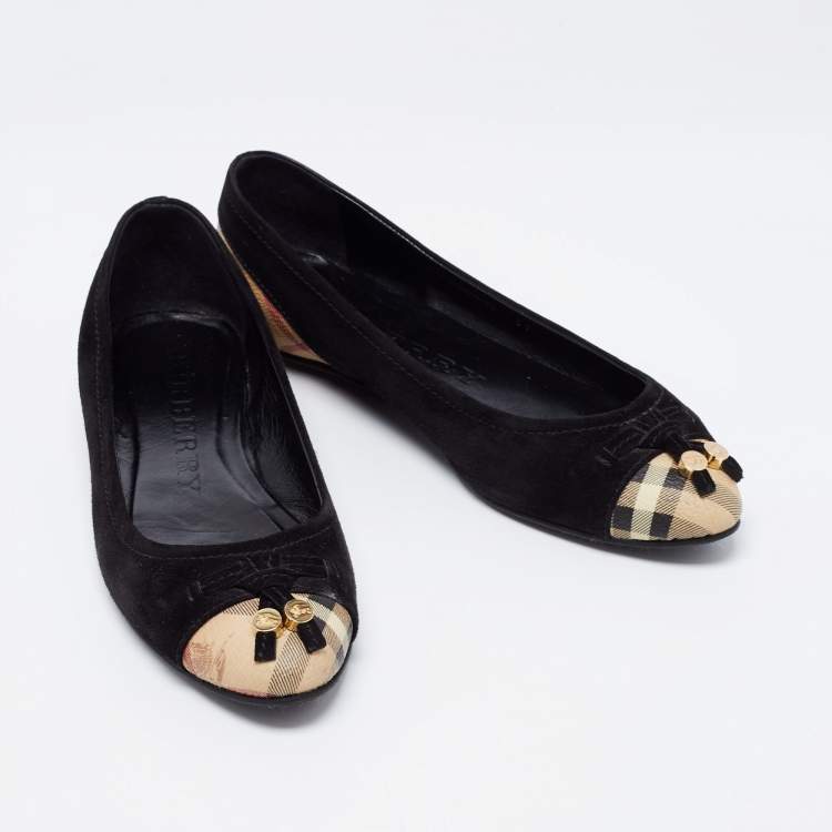 Pre Owned Burberry Black Suede Nova Check Canvas Cap Toe Bow Ballet Flats Size 37