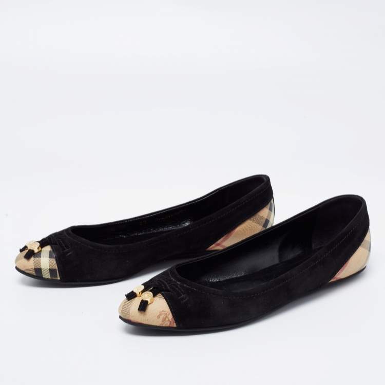 Pre Owned Burberry Black Suede Nova Check Canvas Cap Toe Bow Ballet Flats Size 37