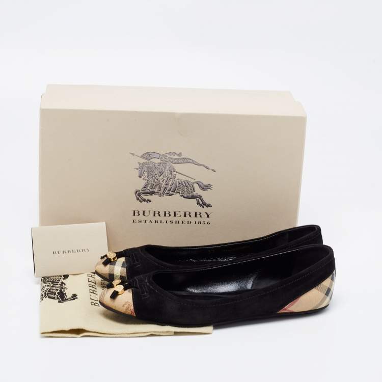 Pre Owned Burberry Black Suede Nova Check Canvas Cap Toe Bow Ballet Flats Size 37