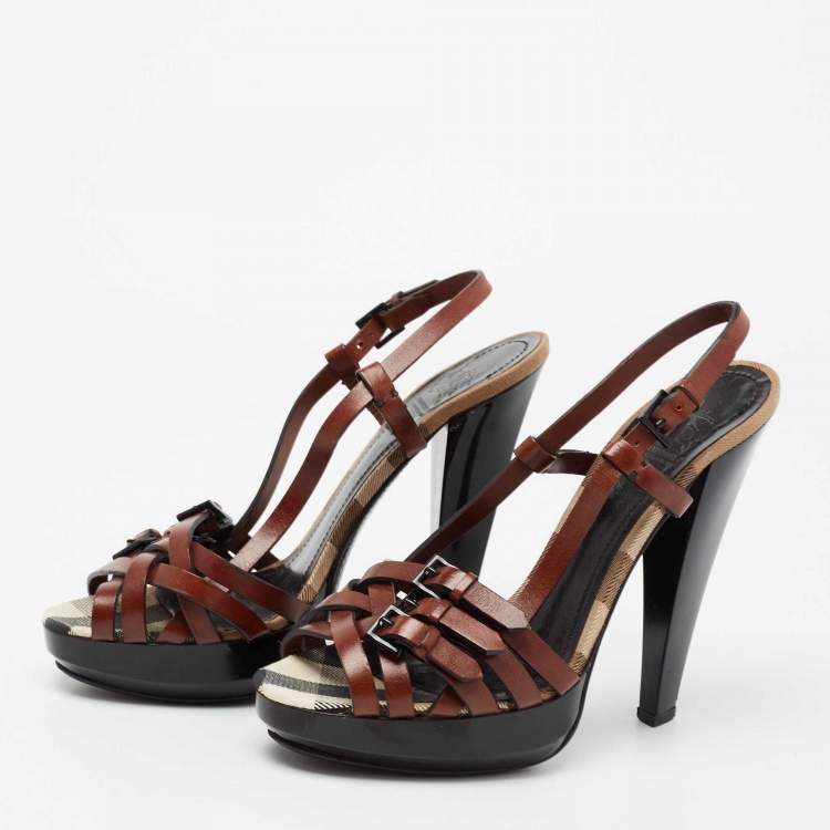 Pre Owned Burberry Brown Leather Strappy Platform Ankle Strap Sandals Size 38.5