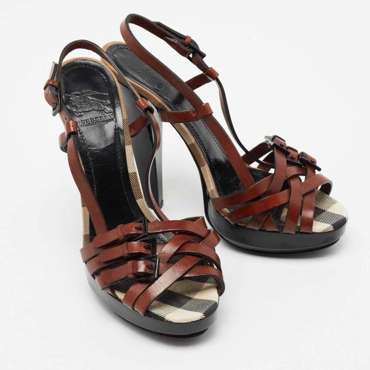 Pre Owned Burberry Brown Leather Strappy Platform Ankle Strap Sandals Size 38.5