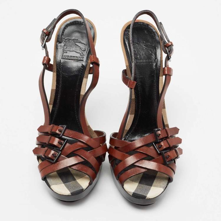 Pre Owned Burberry Brown Leather Strappy Platform Ankle Strap Sandals Size 38.5