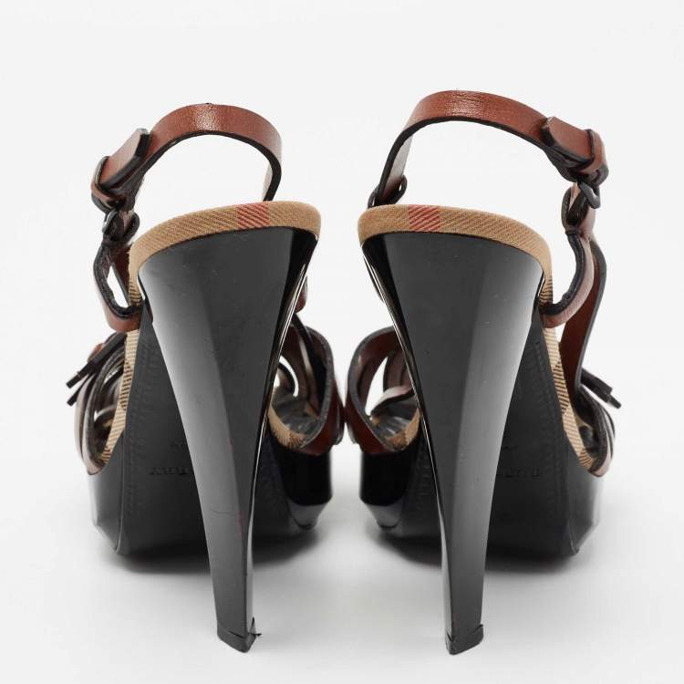 Pre Owned Burberry Brown Leather Strappy Platform Ankle Strap Sandals Size 38.5