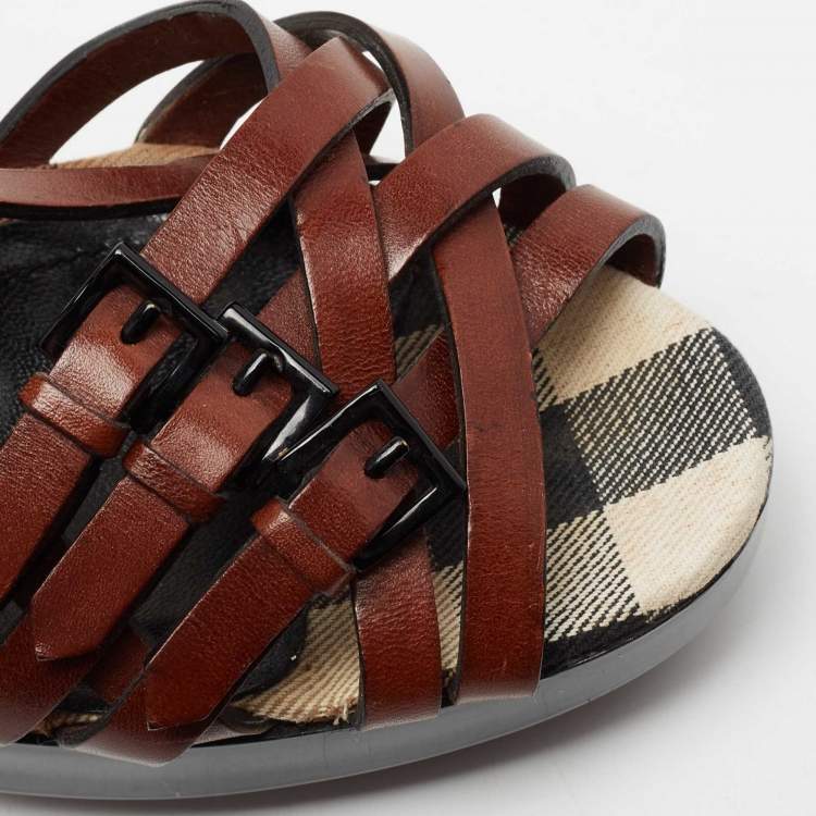 Pre Owned Burberry Brown Leather Strappy Platform Ankle Strap Sandals Size 38.5