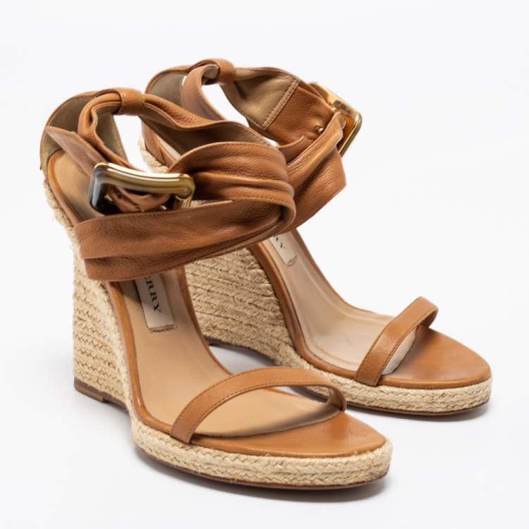 Pre Owned Burberry Brown Leather Catsbrook Espadrille Wedge Sandals Size 38.5