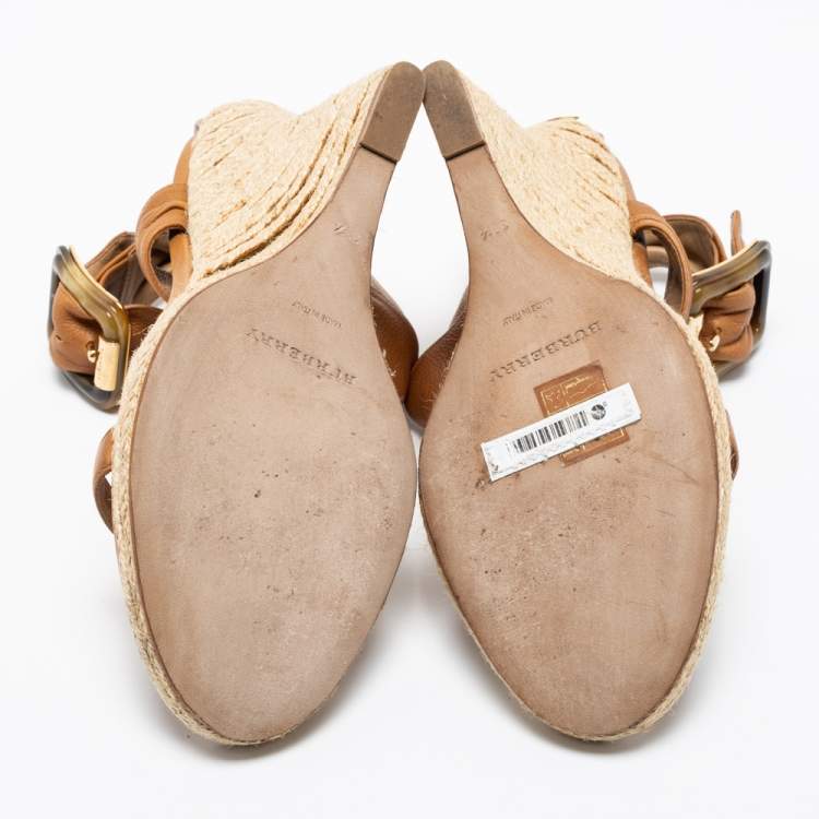 Pre Owned Burberry Brown Leather Catsbrook Espadrille Wedge Sandals Size 38.5