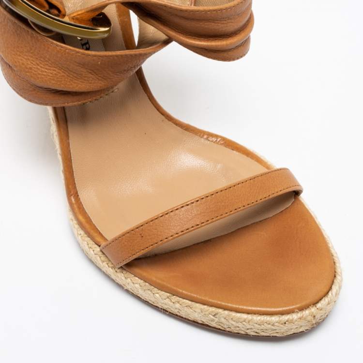 Pre Owned Burberry Brown Leather Catsbrook Espadrille Wedge Sandals Size 38.5